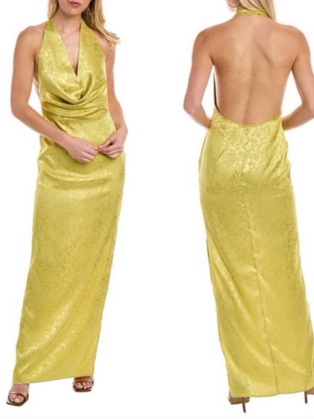 Ronny Kobo Yalitza dress halter neckline open back Large yellow/chartreuse NWT